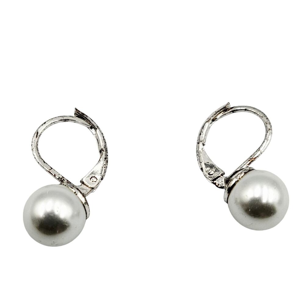 Faux Pearl Elegant Silvertone Leverback Statement Fashion Dangle Earrings